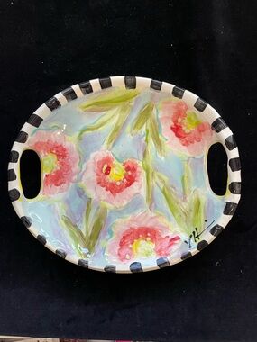 Handmade Ceramic Serving Tray w/ Handles Gerbera Daisies On Aqua Design 11”x9.5”